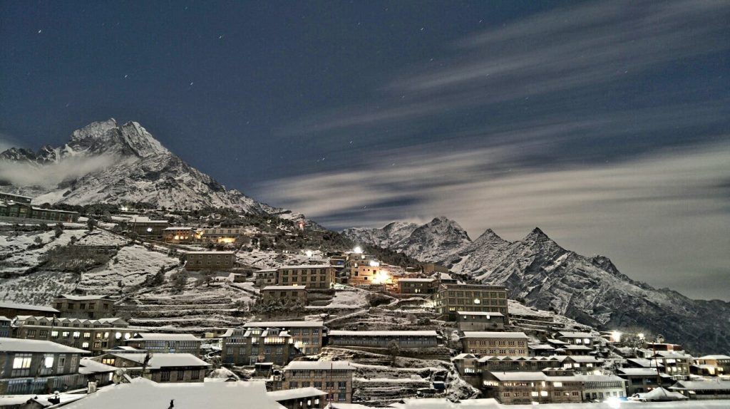 view of namche bazaar in the everest trekking region of nepal.