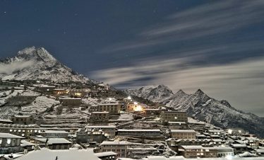 view of namche bazaar in the everest trekking region of nepal.