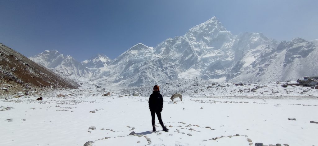 a girl enjoying her view in the kala patthar route from ebc on the ebc trekking trail in the khumbu region also known as the everest region.