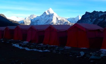 series of tents set in the winter of Everest region for the campers to stay the night