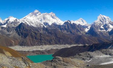 A pond among the glaciers, pass and mountains in the khumbu region of nepal for luxury, budget and standard treks of nepal.
