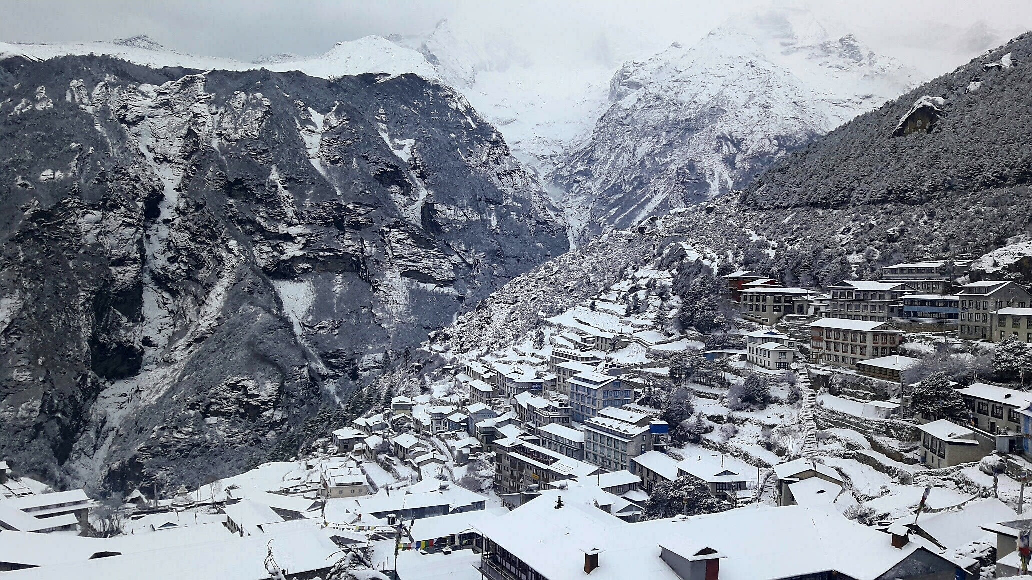 a panoramic view of namche bazaar in the winter season, khumbu/everest region of nepal.